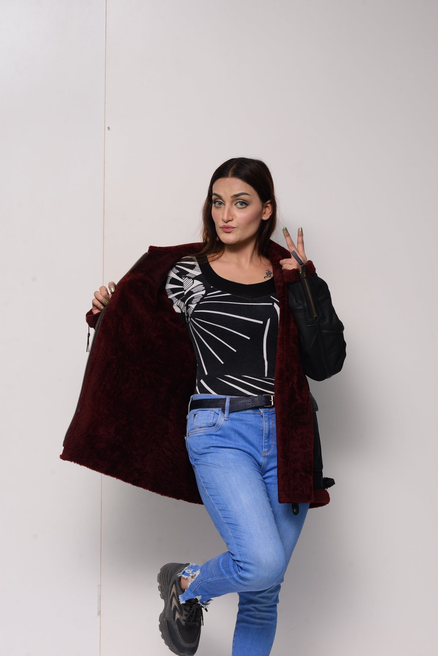 144 - Black & Maroon Shearling Bomber Jacket