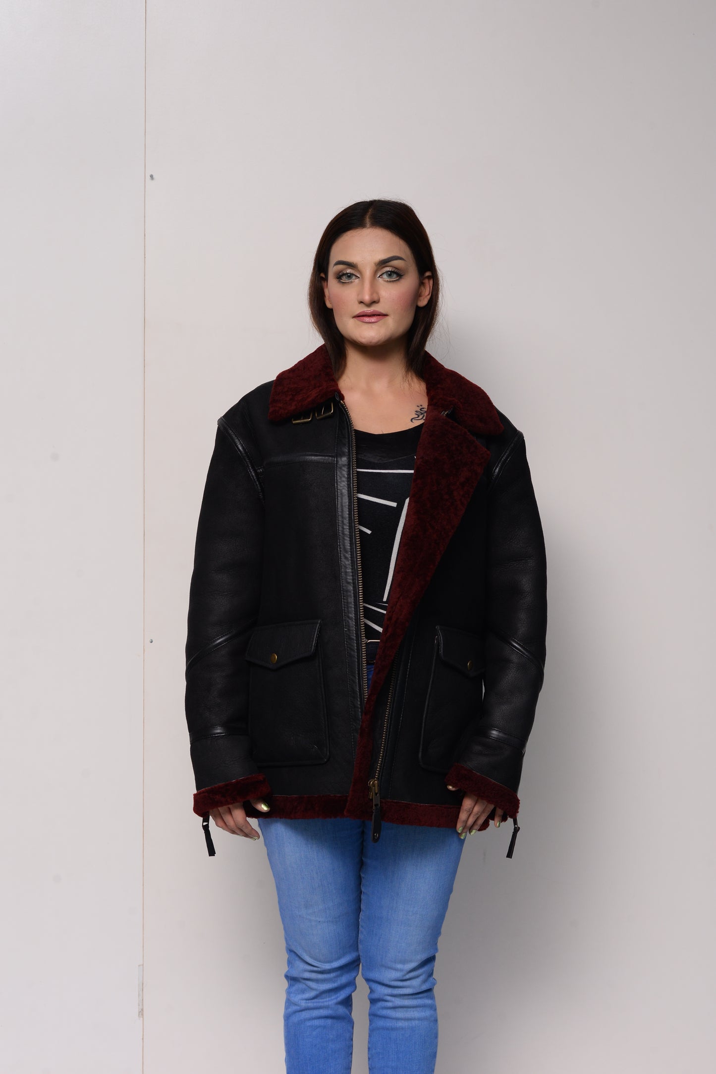 144 - Black & Maroon Shearling Bomber Jacket