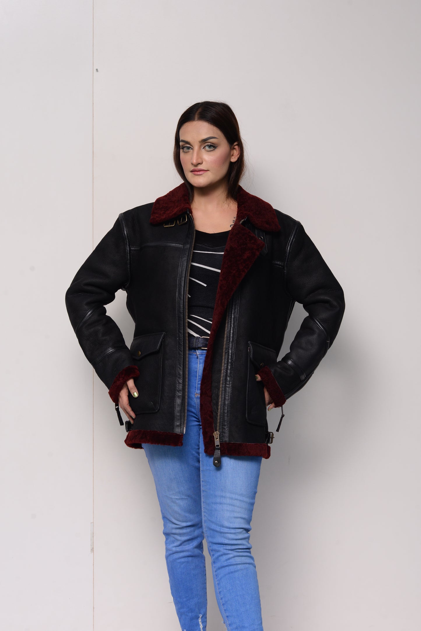 144 - Black & Maroon Shearling Bomber Jacket