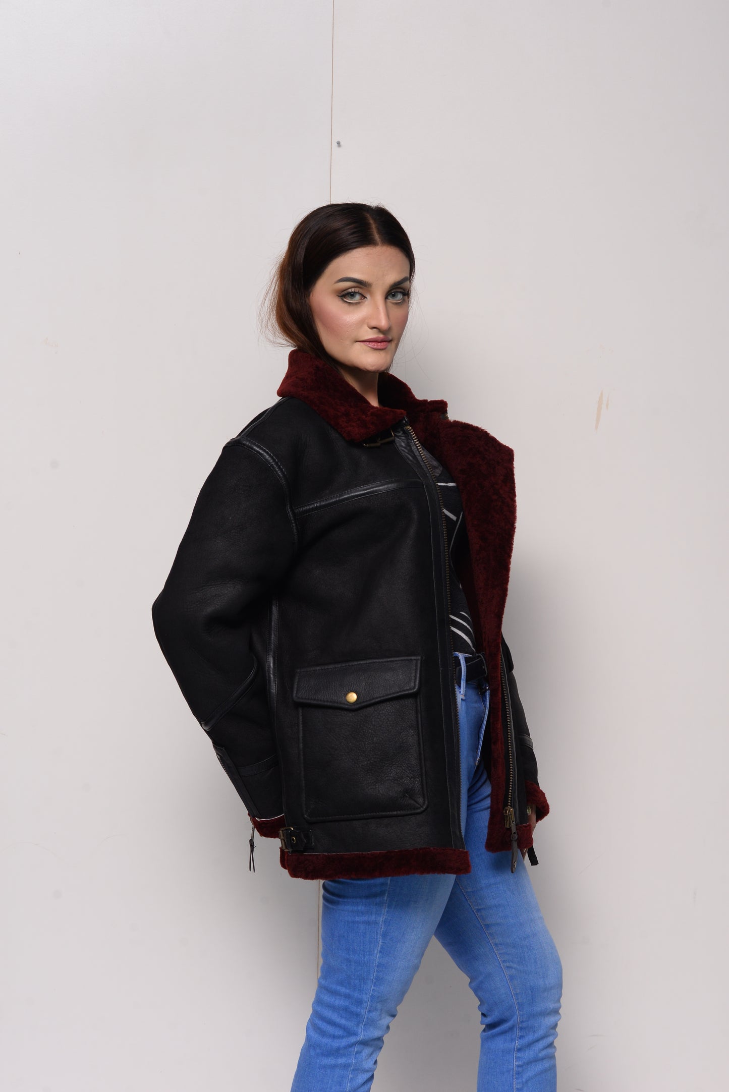 144 - Black & Maroon Shearling Bomber Jacket
