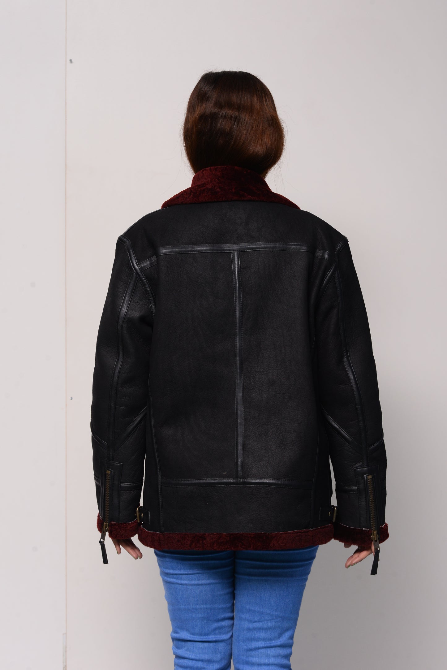 144 - Black & Maroon Shearling Bomber Jacket