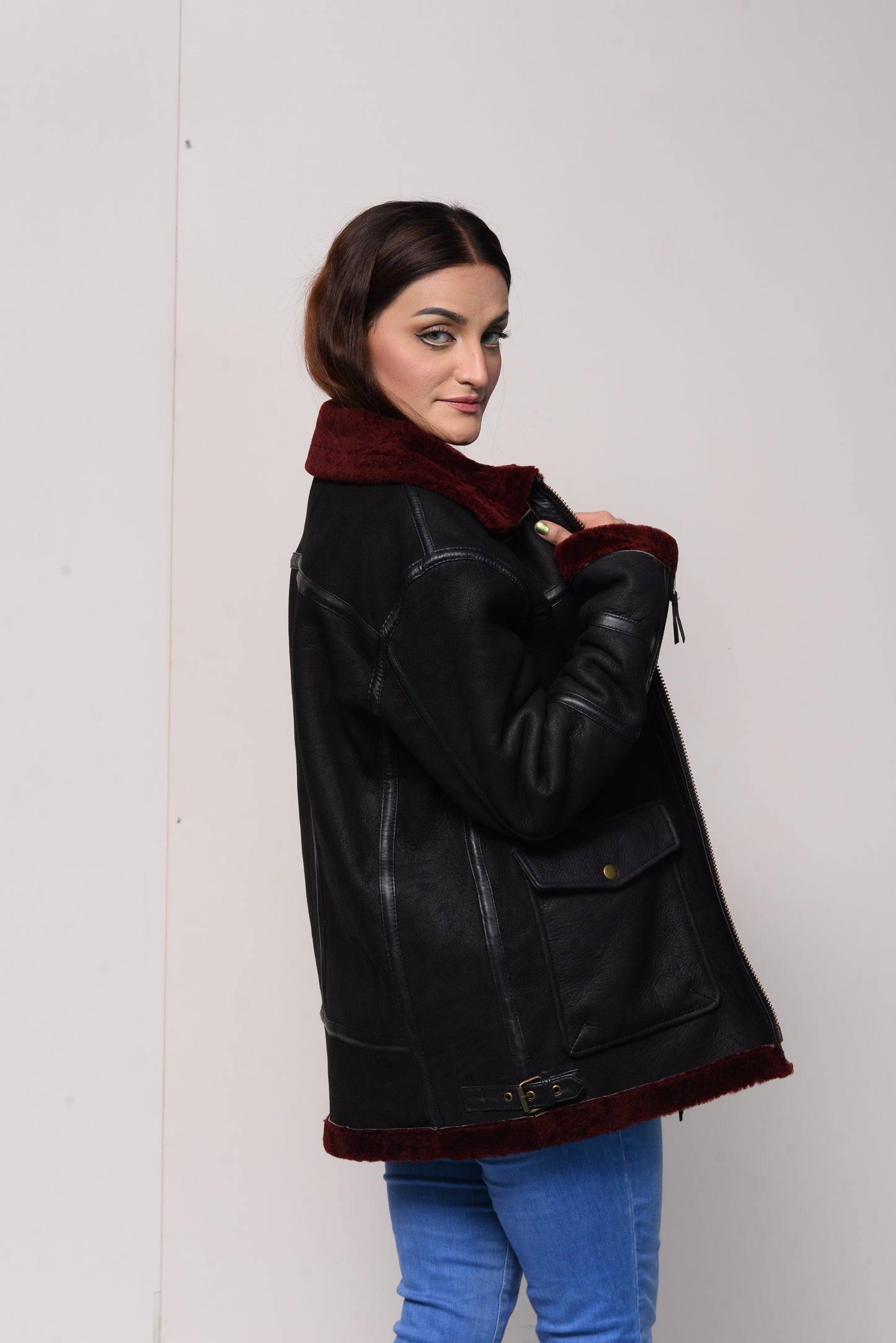 144 - Black & Maroon Shearling Bomber Jacket