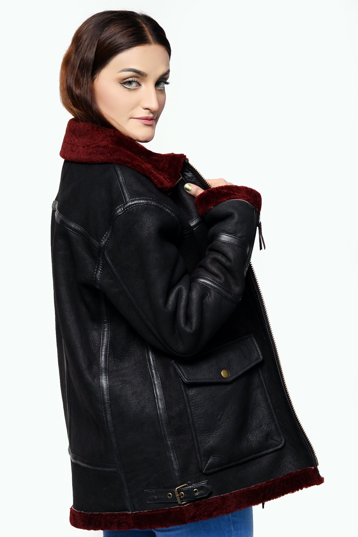 144 - Black & Maroon Shearling Bomber Jacket