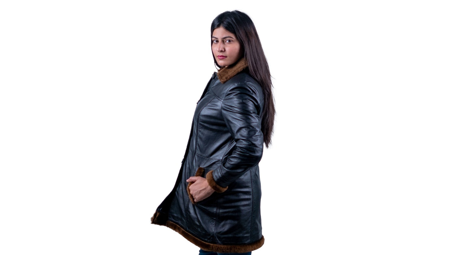 49 - Women’s Black Shearling Lined Leather Coat – Mid-Length Winter Jacket
