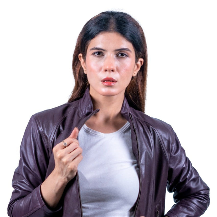 50 - Women’s Slim Fit Maroon Leather Jacket – Casual Moto Style