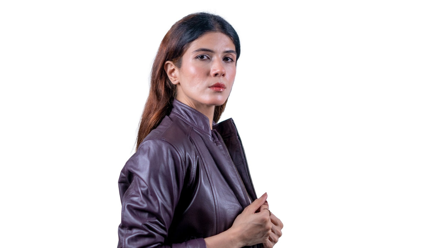 50 - Women’s Slim Fit Maroon Leather Jacket – Casual Moto Style