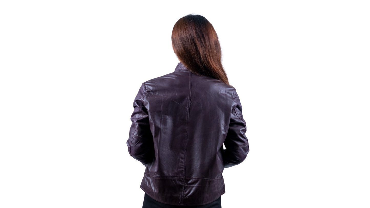 50 - Women’s Slim Fit Maroon Leather Jacket – Casual Moto Style