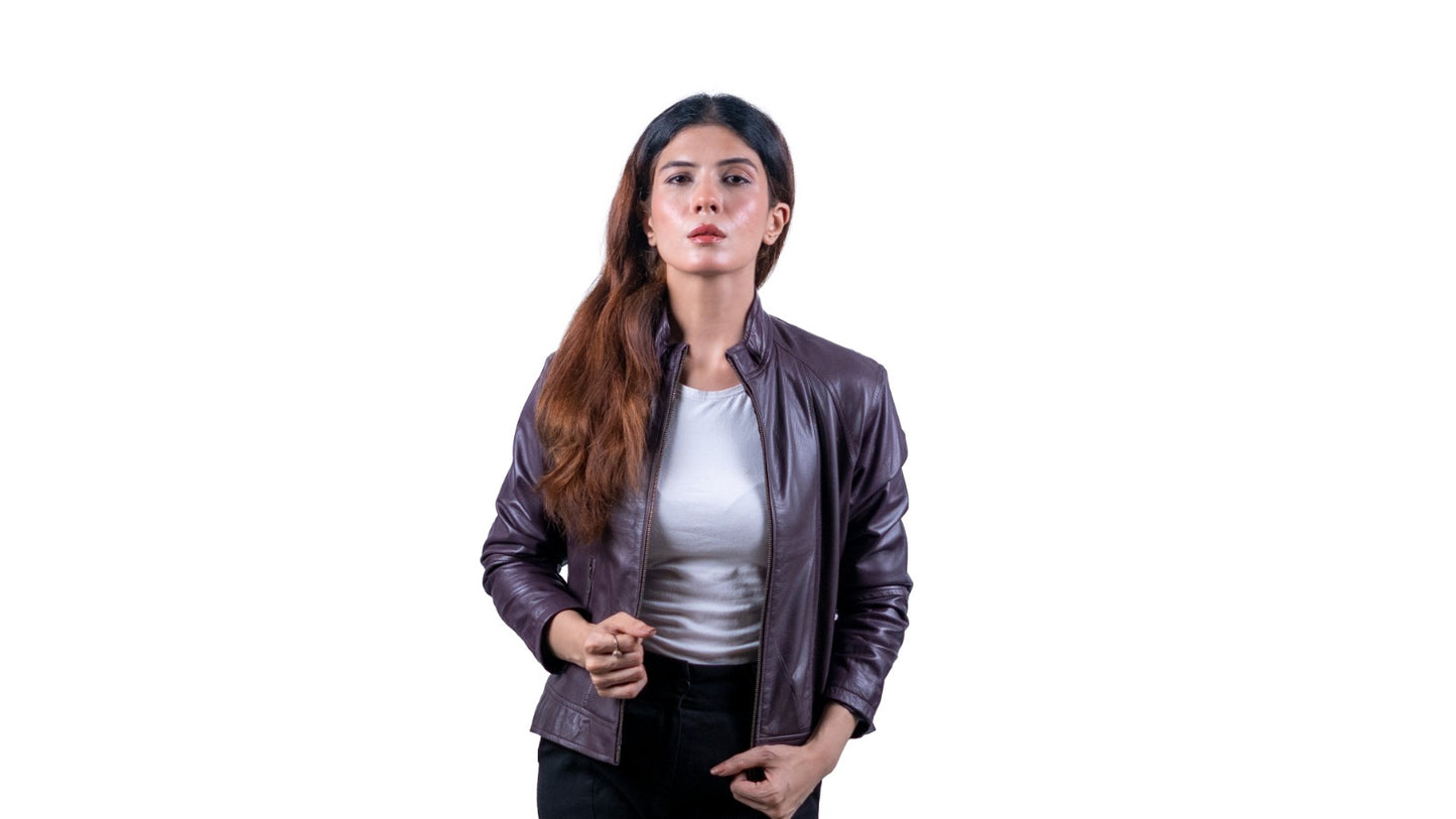 50 - Women’s Slim Fit Maroon Leather Jacket – Casual Moto Style