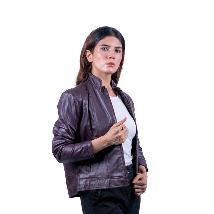 50 - Women’s Slim Fit Maroon Leather Jacket – Casual Moto Style