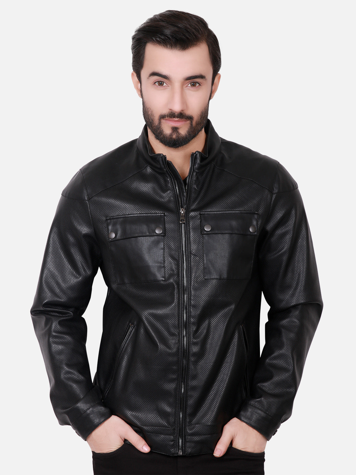 130 - Perforated Black Leather Biker Jacket