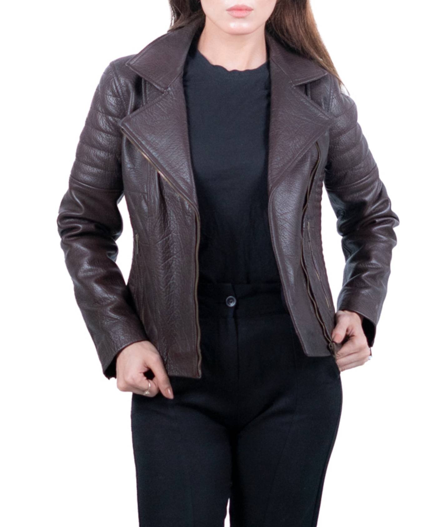 02 - Women’s Dark Brown Textured Leather Biker Jacket – Rugged Elegance