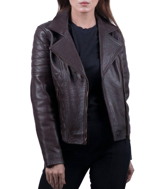 02 - Women’s Dark Brown Textured Leather Biker Jacket – Rugged Elegance