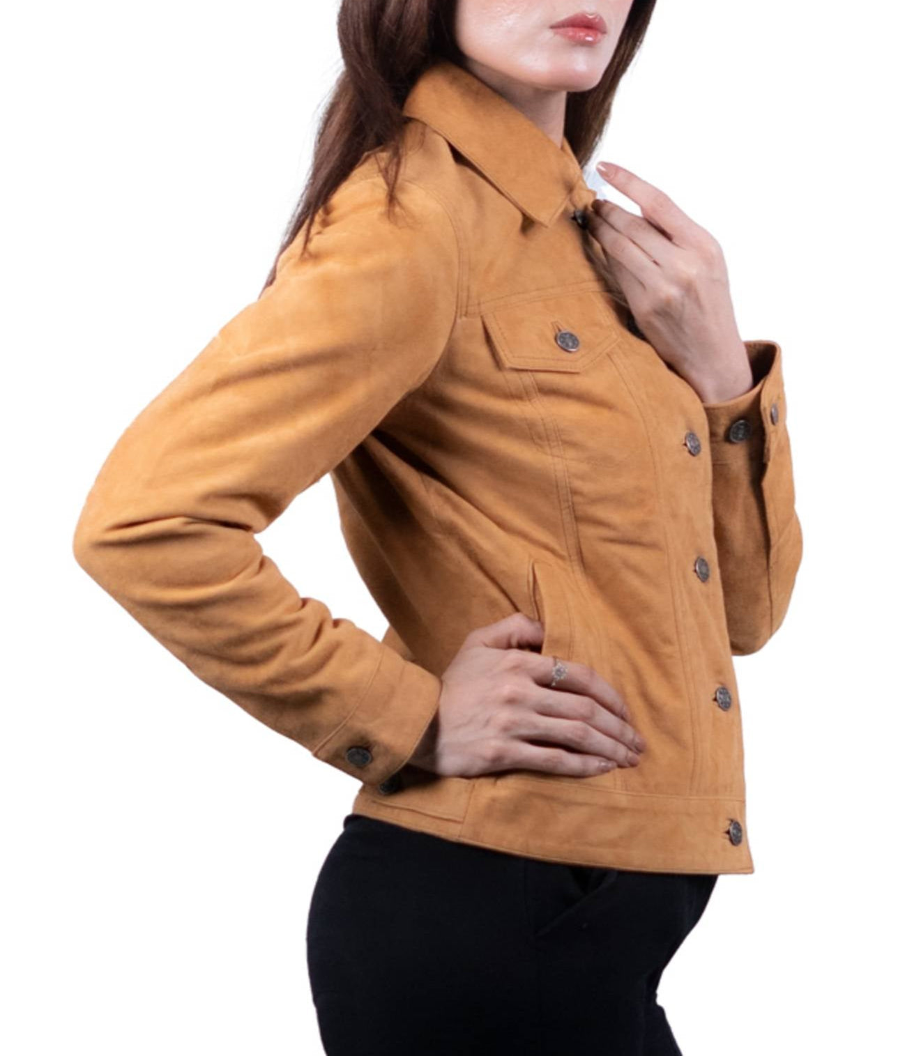 04 - Women’s Tan Suede Button-Up Jacket – Casual Chic