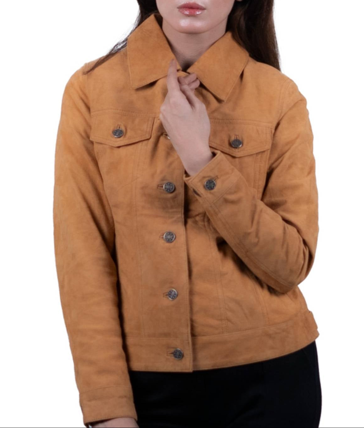 04 - Women’s Tan Suede Button-Up Jacket – Casual Chic