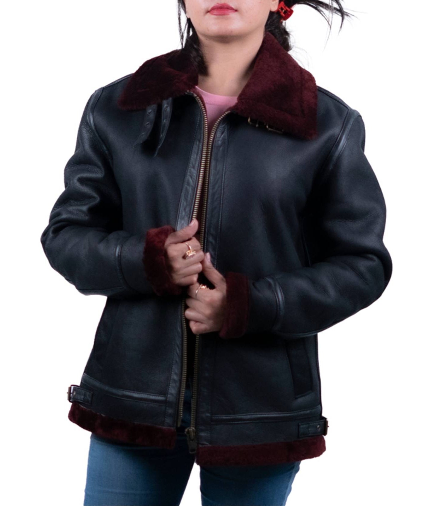 06 - Women’s Black Shearling Leather Jacket with Maroon Fur Trim – Winter Essential