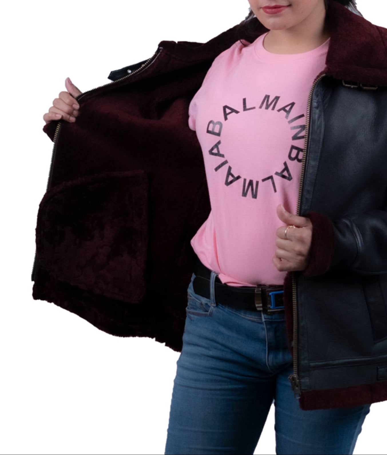 06 - Women’s Black Shearling Leather Jacket with Maroon Fur Trim – Winter Essential
