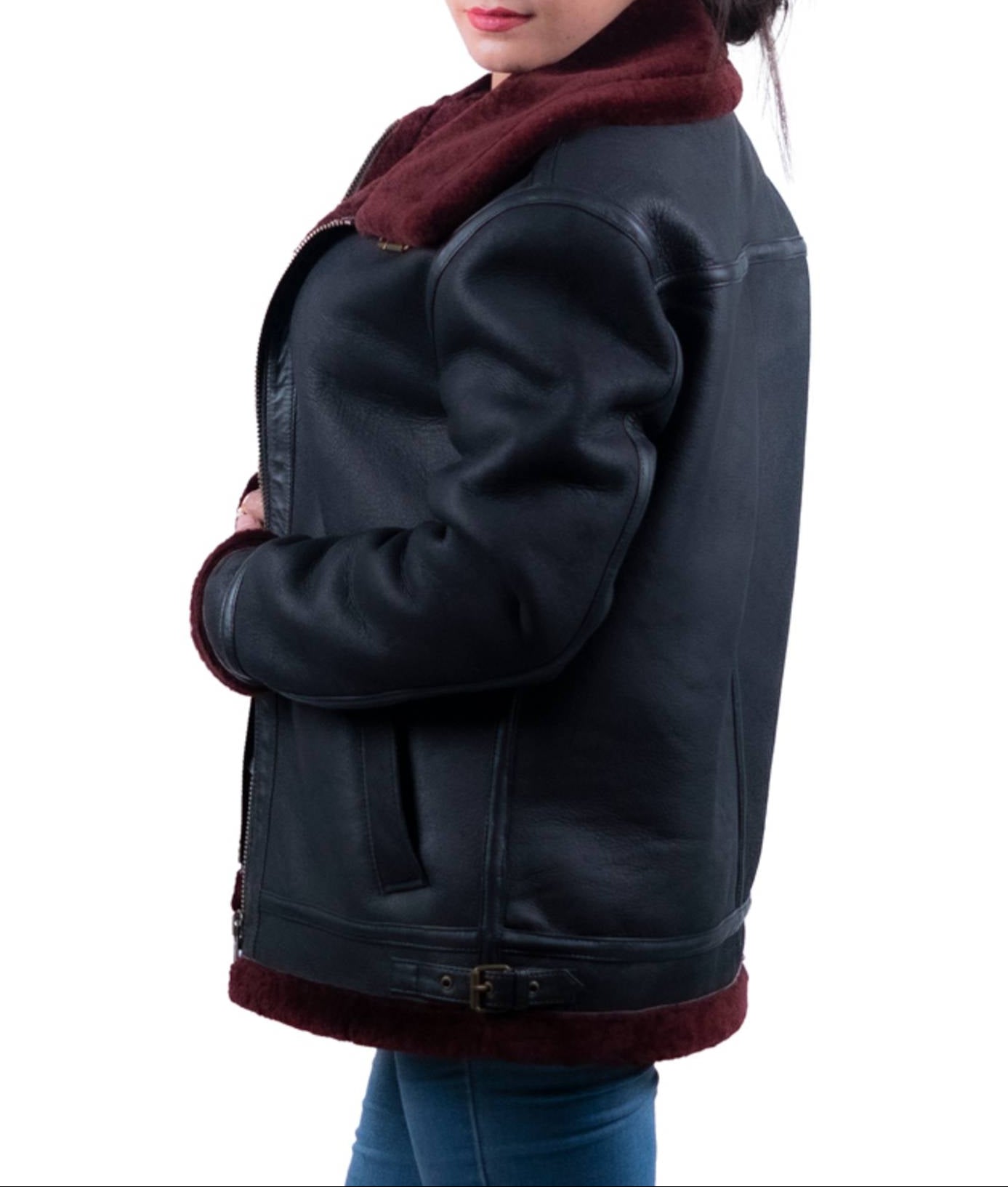 06 - Women’s Black Shearling Leather Jacket with Maroon Fur Trim – Winter Essential