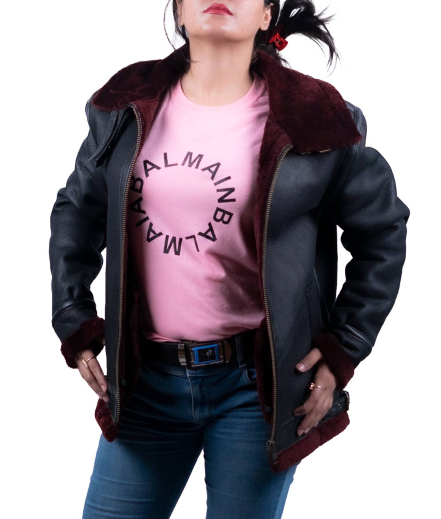06 - Women’s Black Shearling Leather Jacket with Maroon Fur Trim – Winter Essential