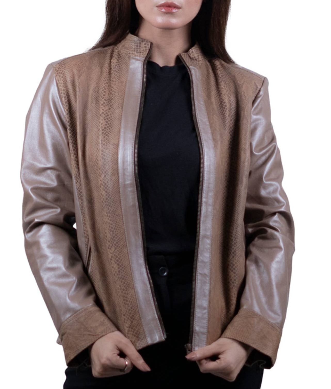 07 - Women’s Beige Textured Leather Jacket – Chic & Versatile