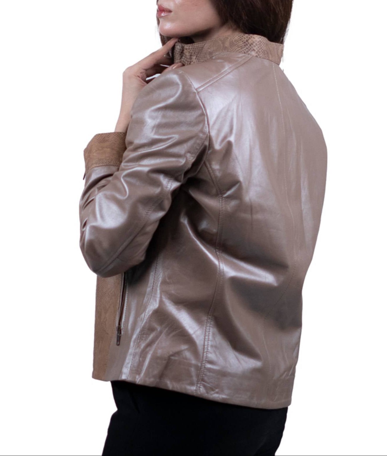 07 - Women’s Beige Textured Leather Jacket – Chic & Versatile