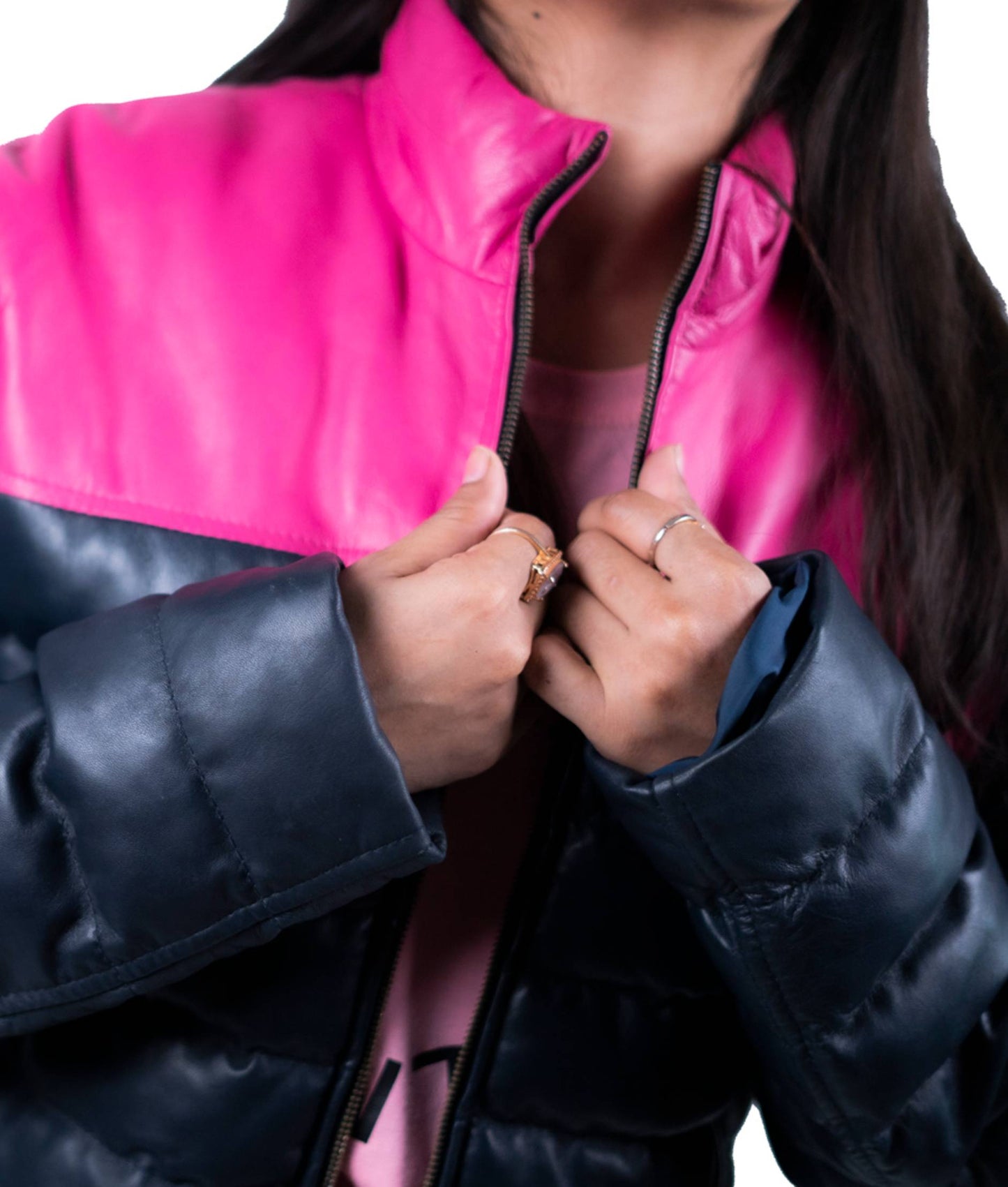 08 - Women’s Black and Pink Puffer Leather Jacket – Bold & Cozy