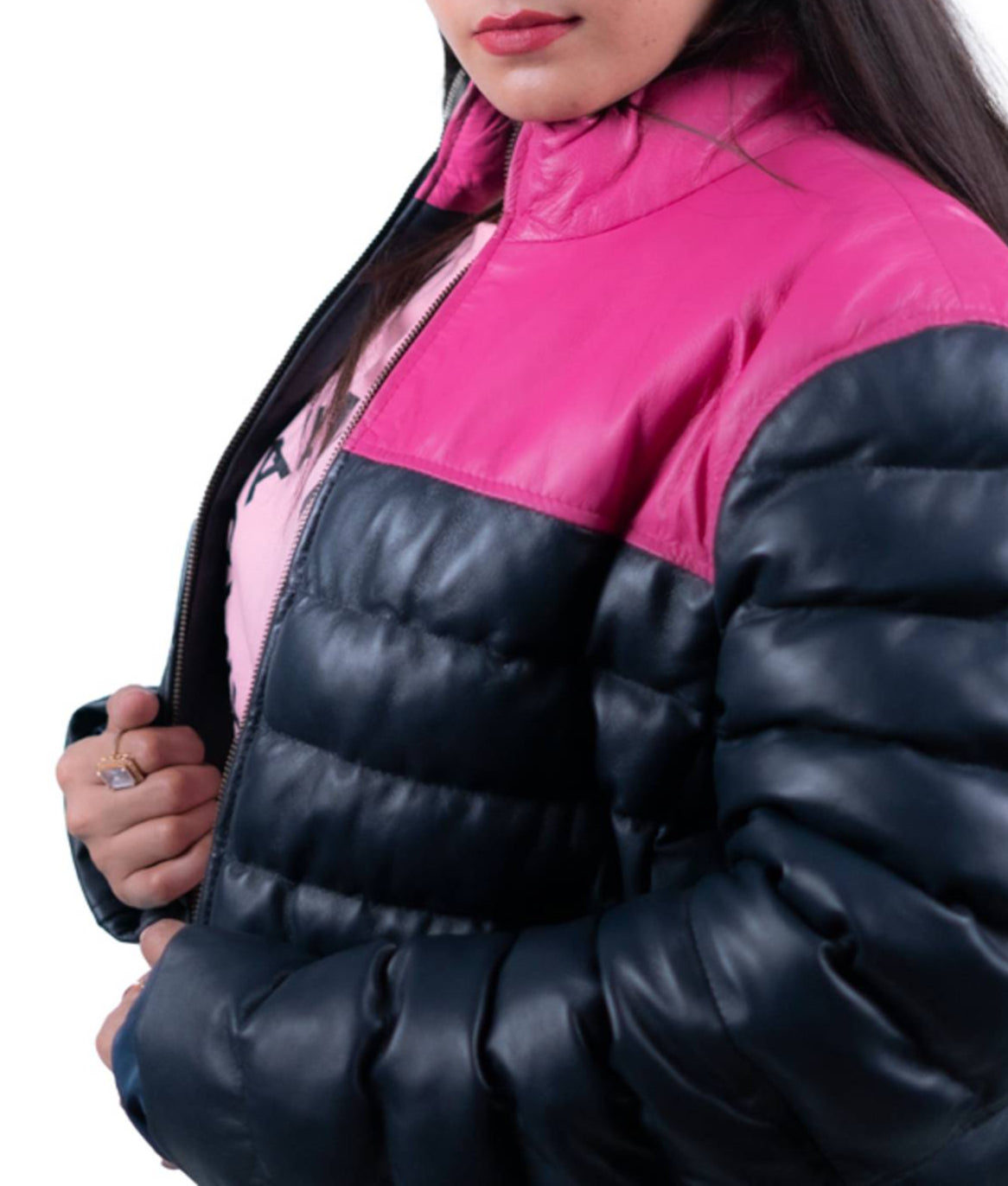 08 - Women’s Black and Pink Puffer Leather Jacket – Bold & Cozy