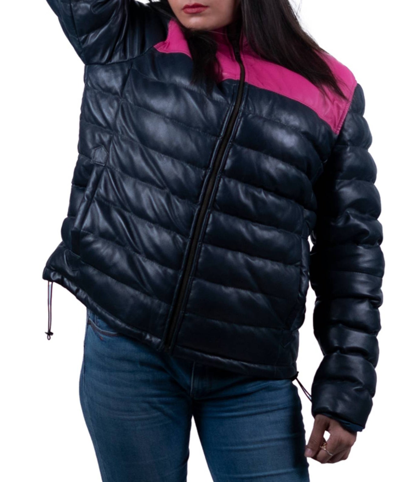 08 - Women’s Black and Pink Puffer Leather Jacket – Bold & Cozy