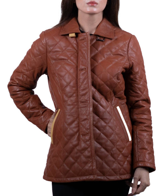 09 - Women’s Brown Quilted Leather Coat – Elegant Warmth