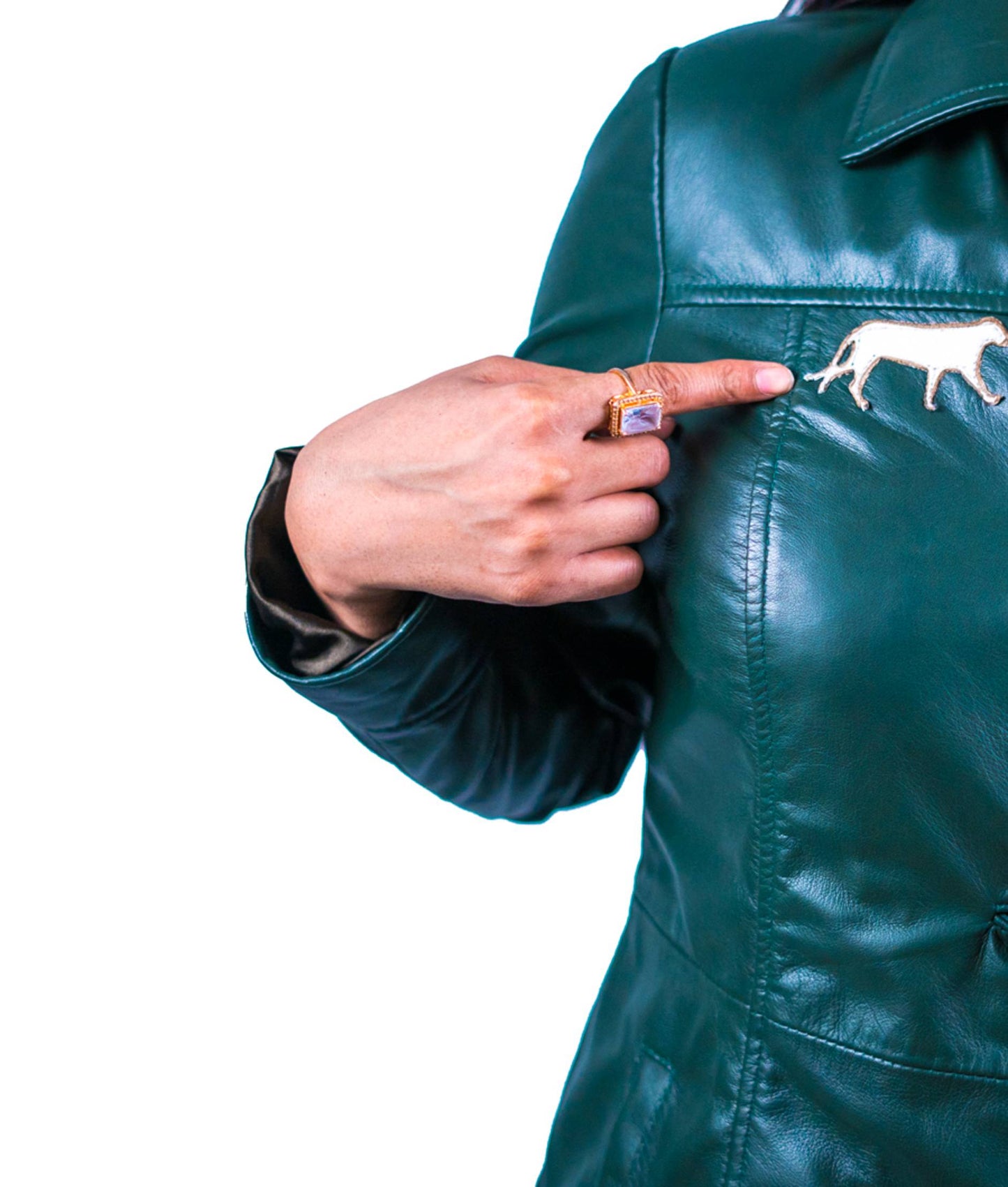 11 - Women’s Green Leather Coat – Patriotic Crescent & Star Design