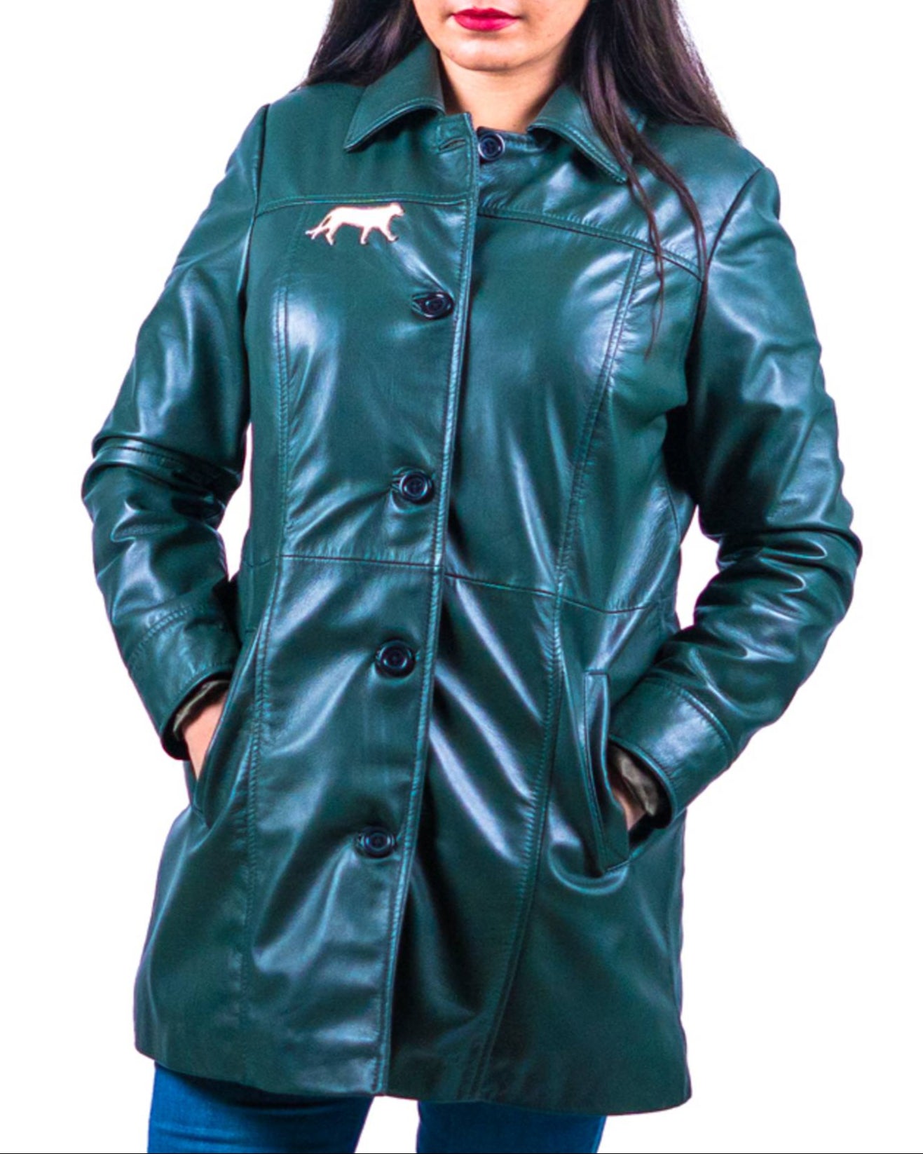 11 - Women’s Green Leather Coat – Patriotic Crescent & Star Design
