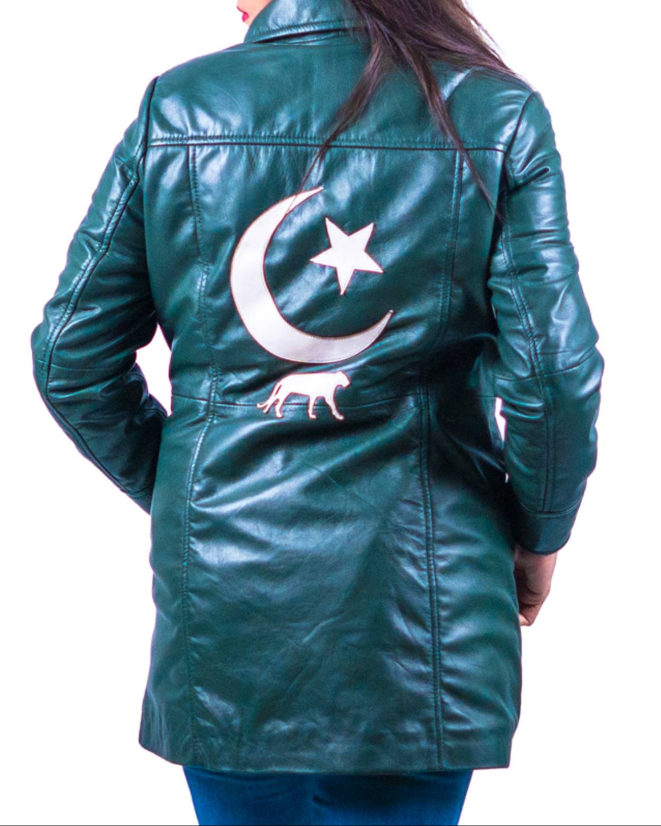 11 - Women’s Green Leather Coat – Patriotic Crescent & Star Design