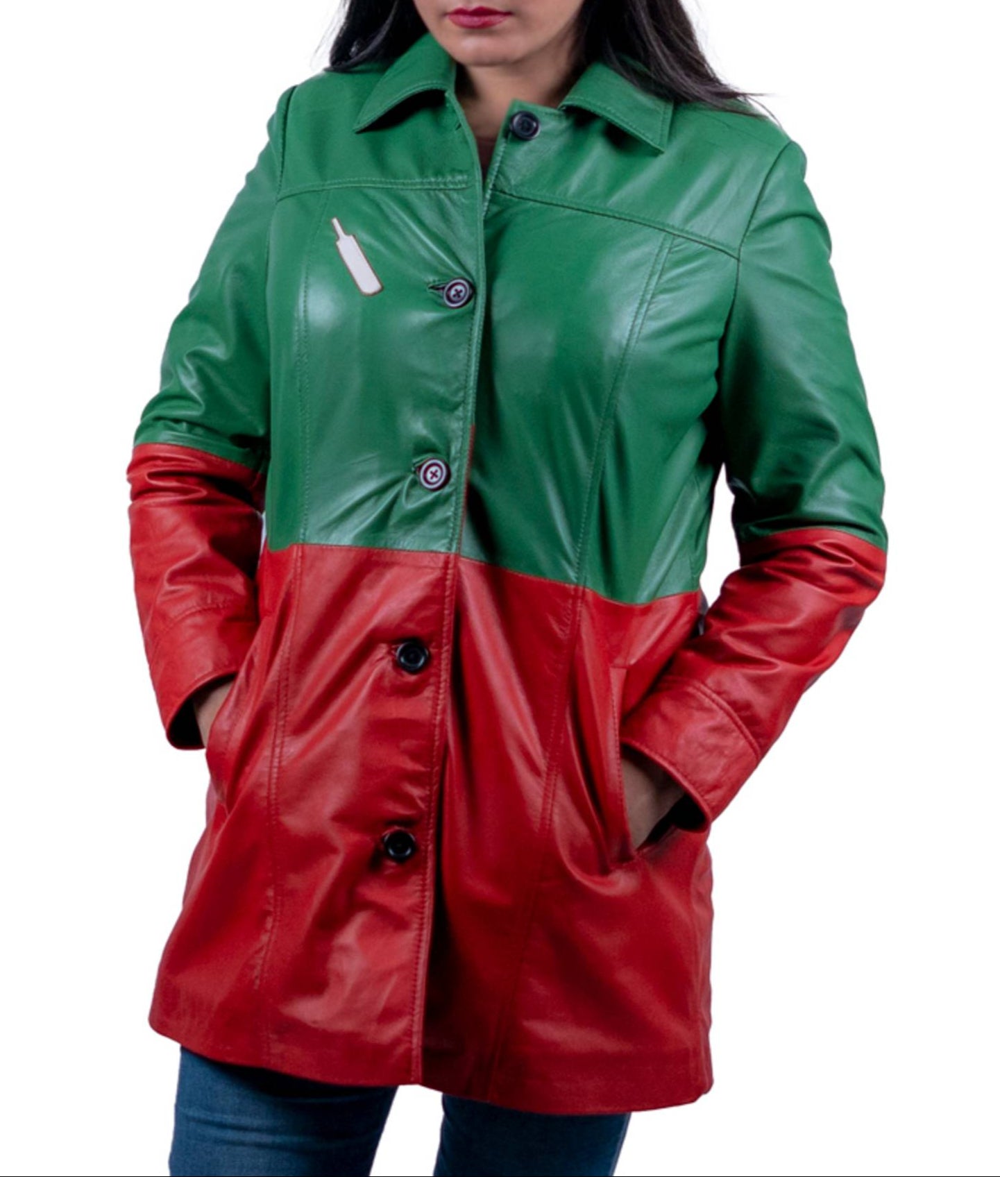 13 - Women’s PTI Themed Green & Red Leather Coat – Patriotic Style