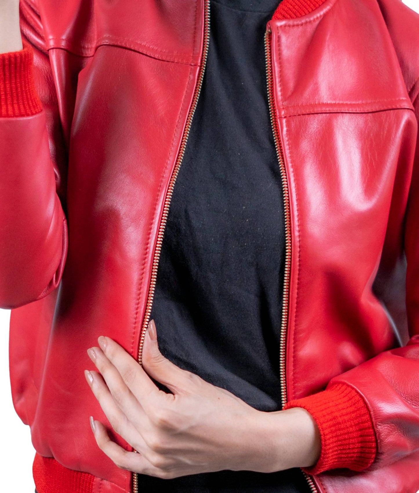 14 - Women’s Red Leather Bomber Jacket – Bold & Chic