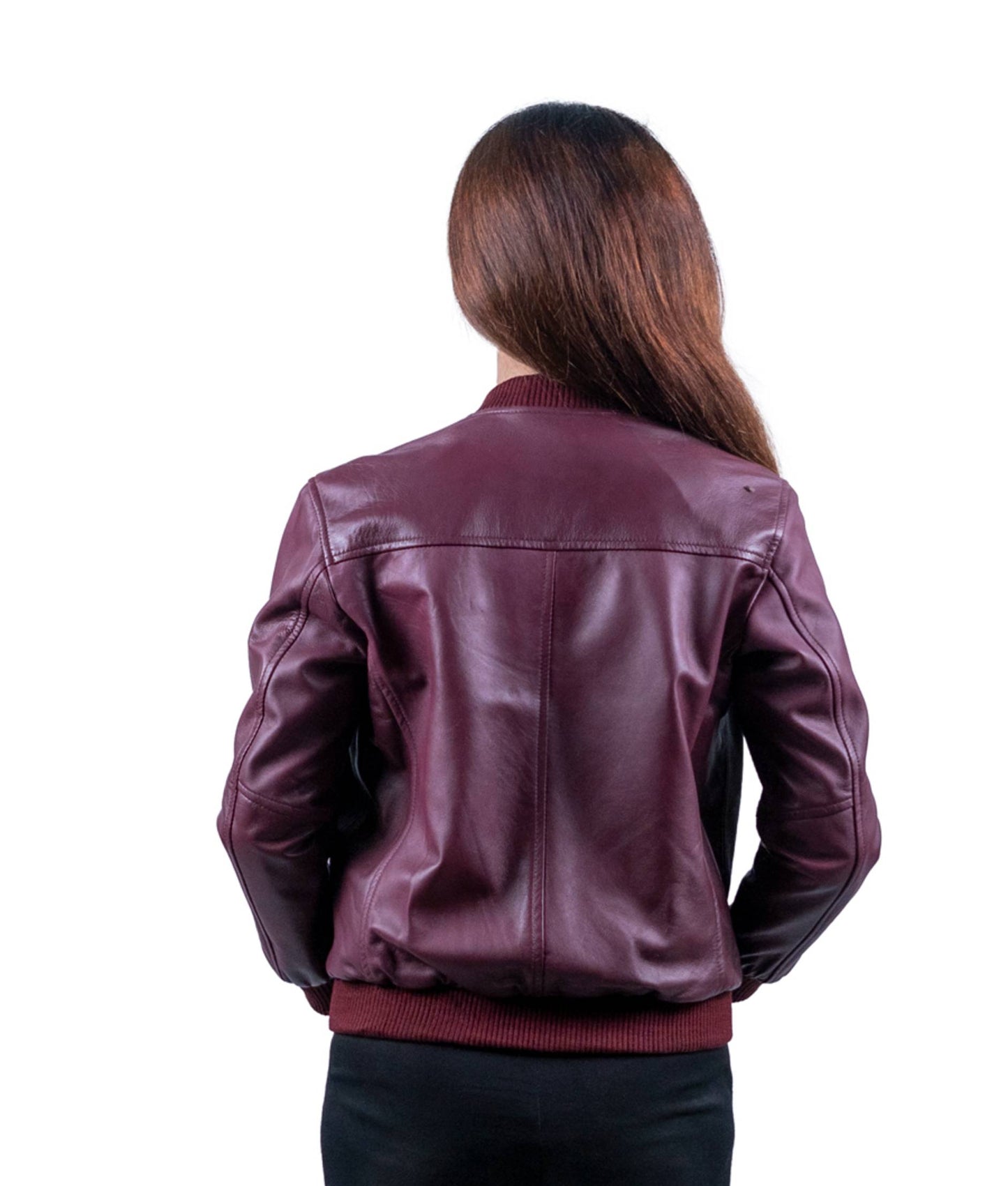 16 – Women’s Maroon Leather Bomber Jacket – Bold Sophistication