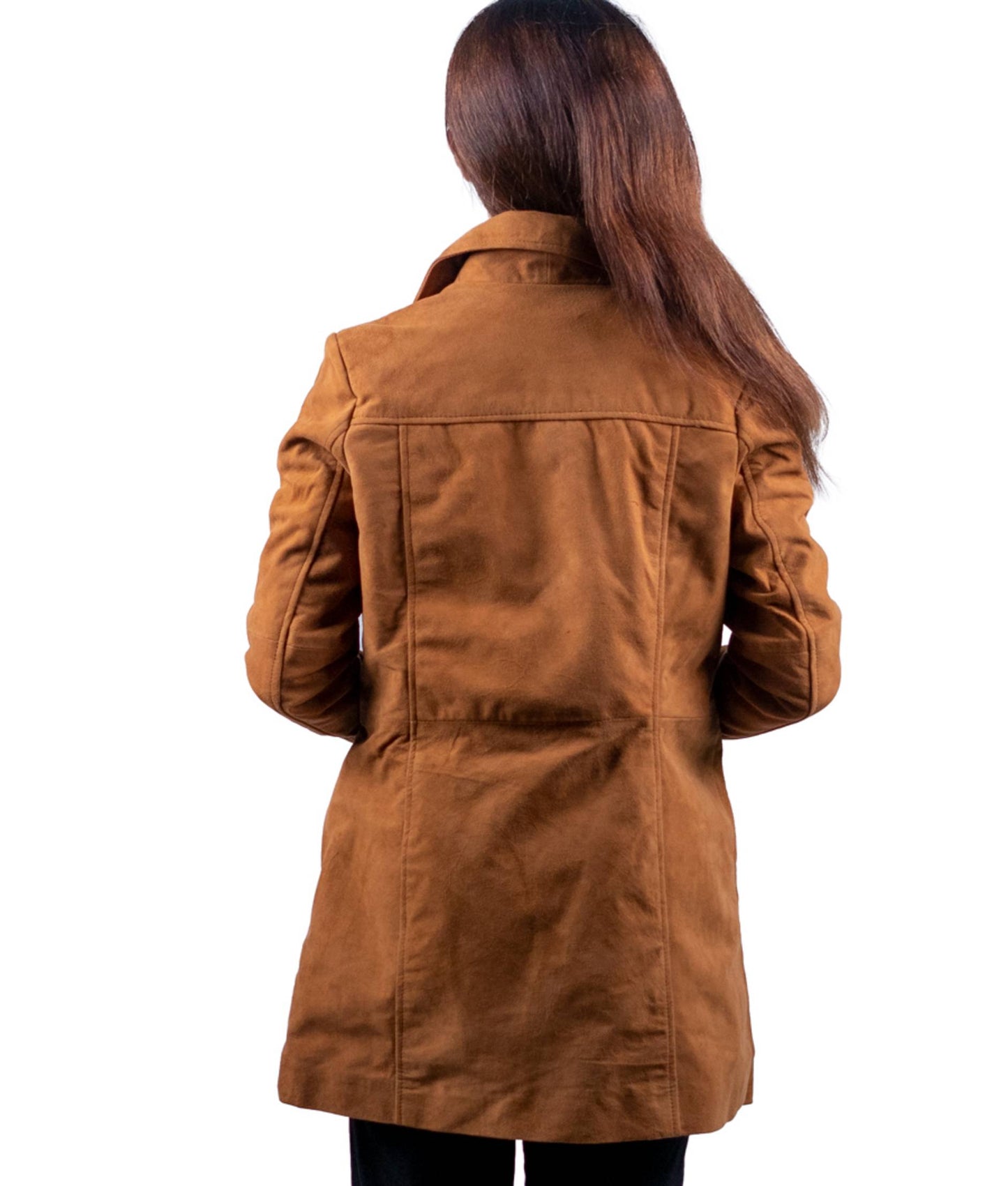 21 – Women’s Camel Brown Suede Long Coat – Refined Warmth