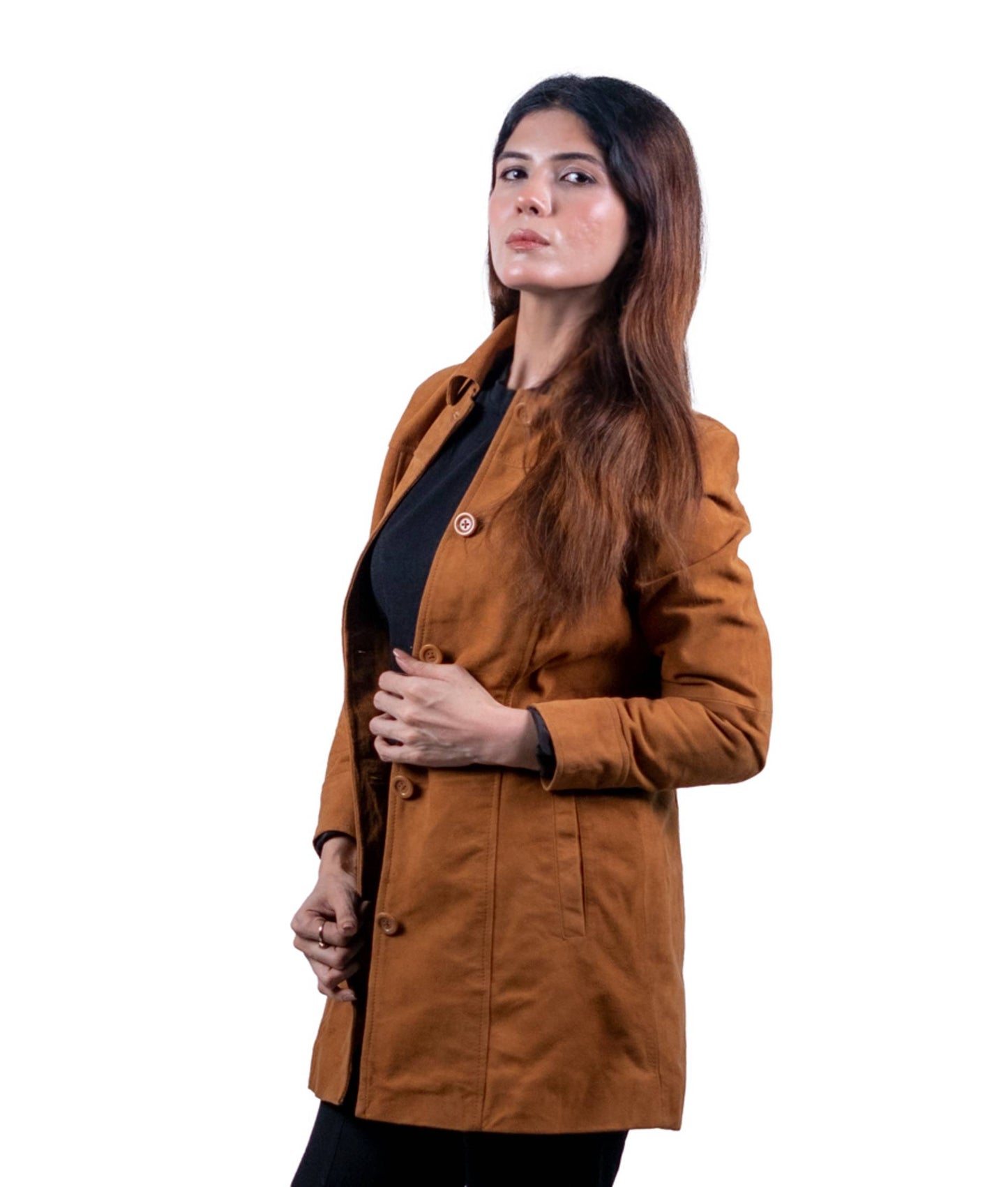 21 – Women’s Camel Brown Suede Long Coat – Refined Warmth
