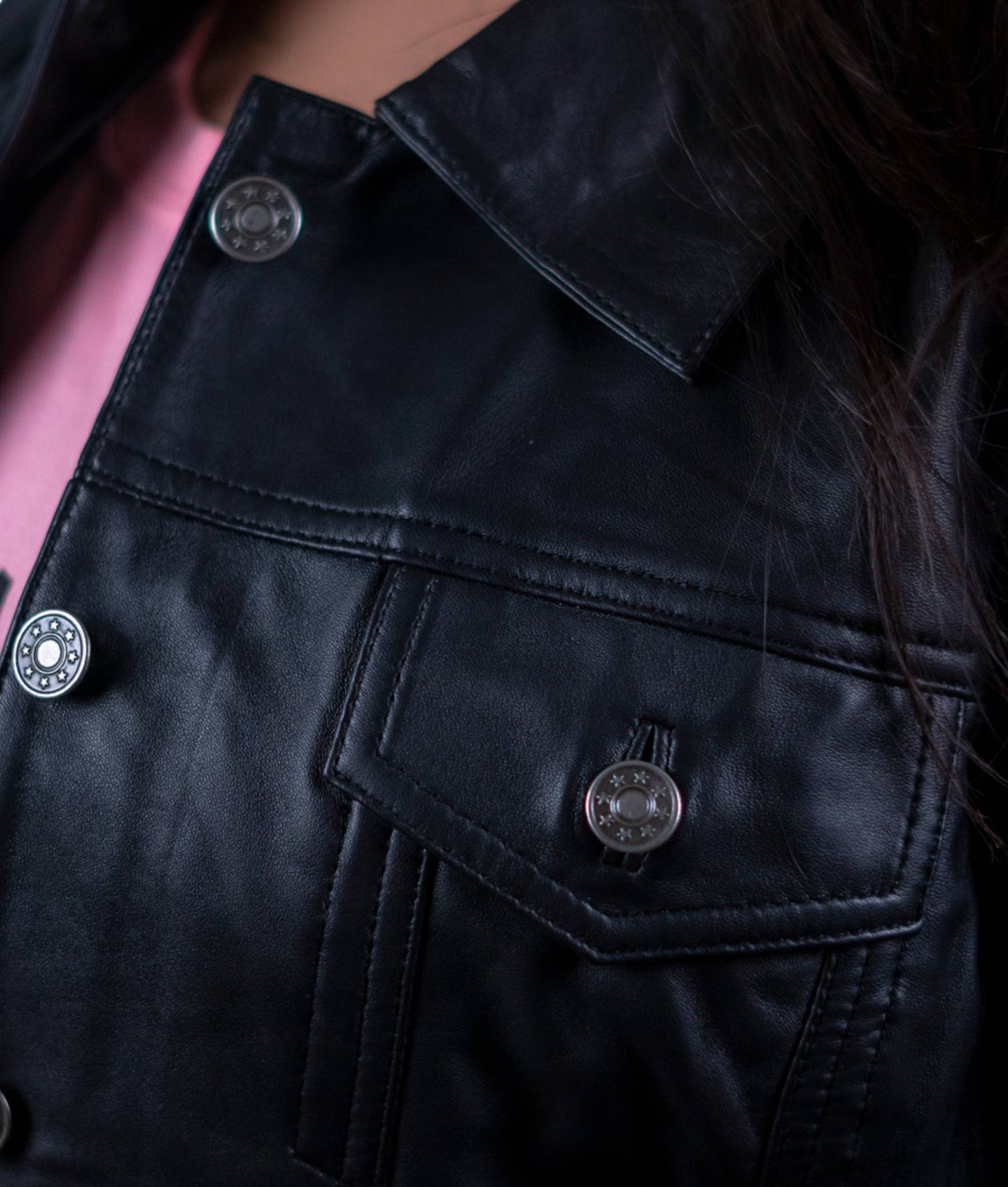 27 – Women’s Black Button-Front Leather Jacket – Classic Rider Look
