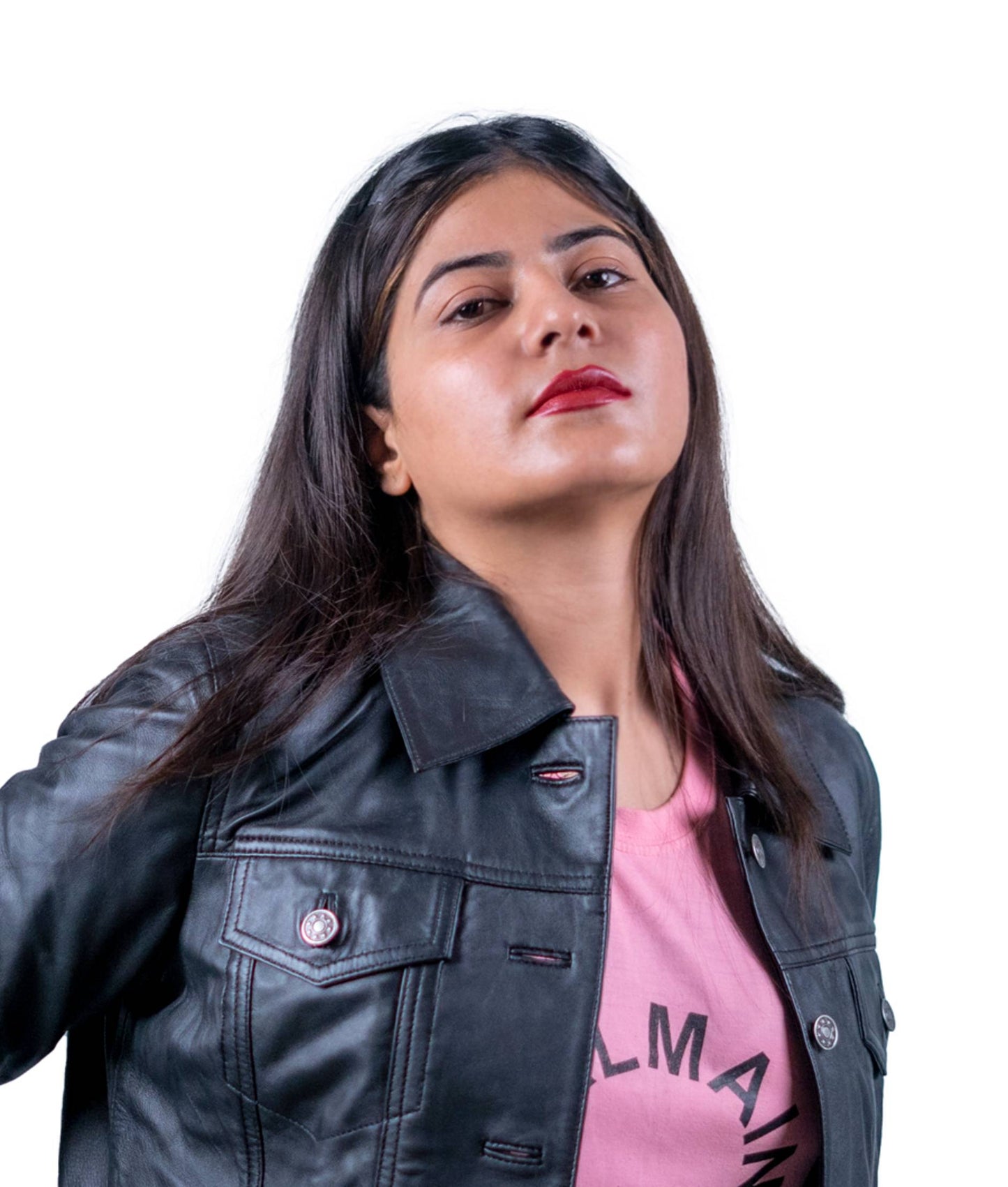 27 – Women’s Black Button-Front Leather Jacket – Classic Rider Look