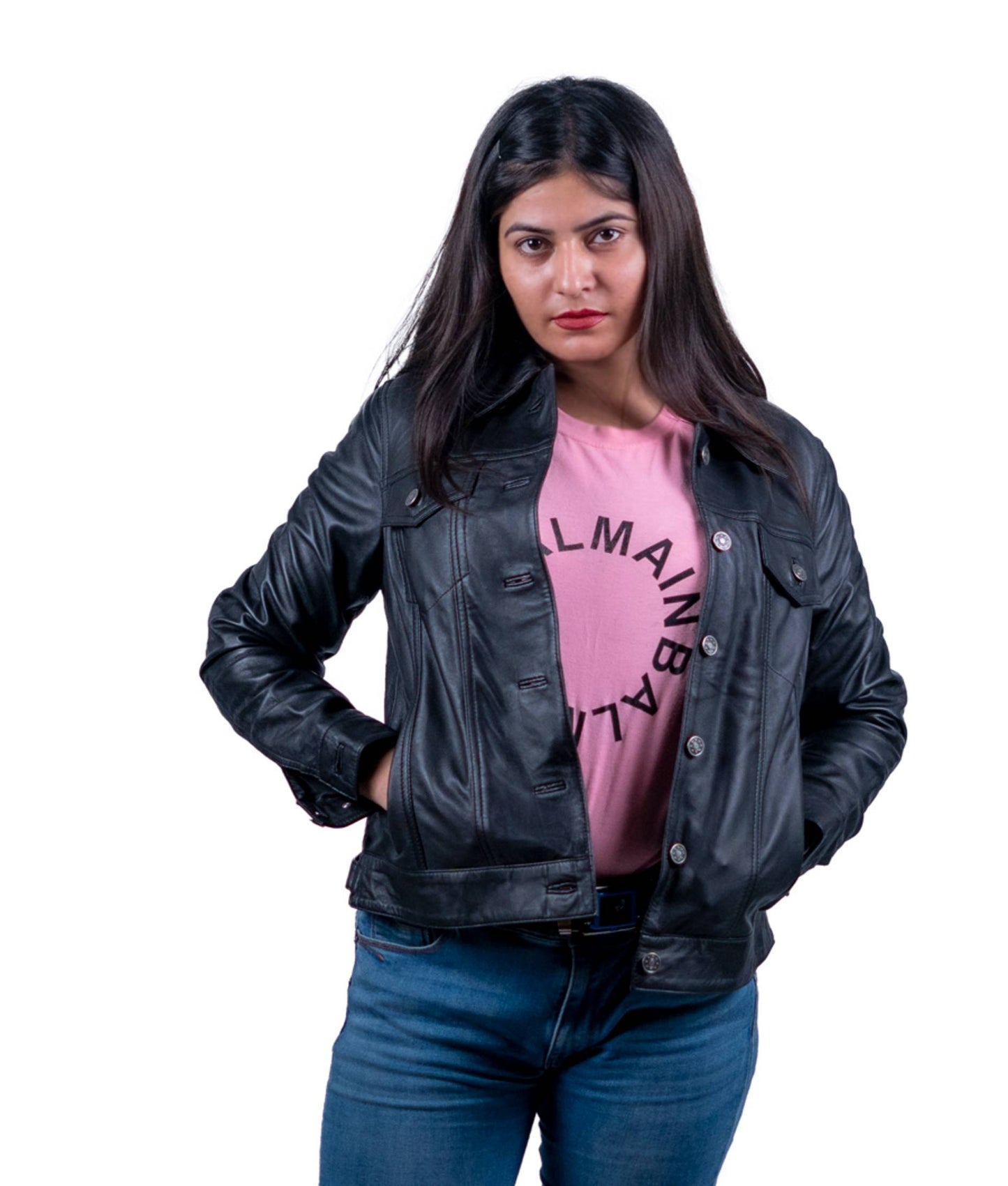 27 – Women’s Black Button-Front Leather Jacket – Classic Rider Look