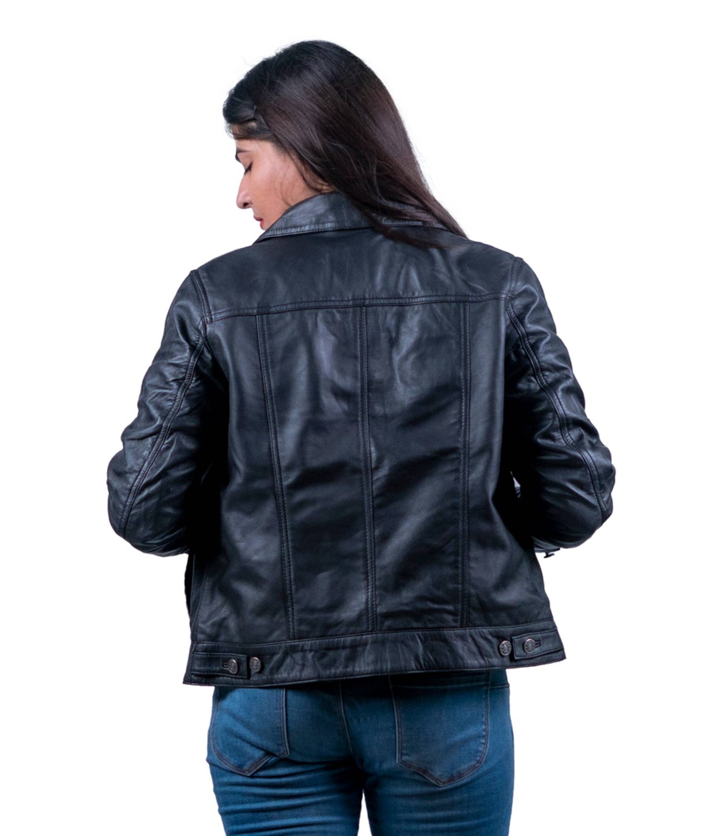 27 – Women’s Black Button-Front Leather Jacket – Classic Rider Look