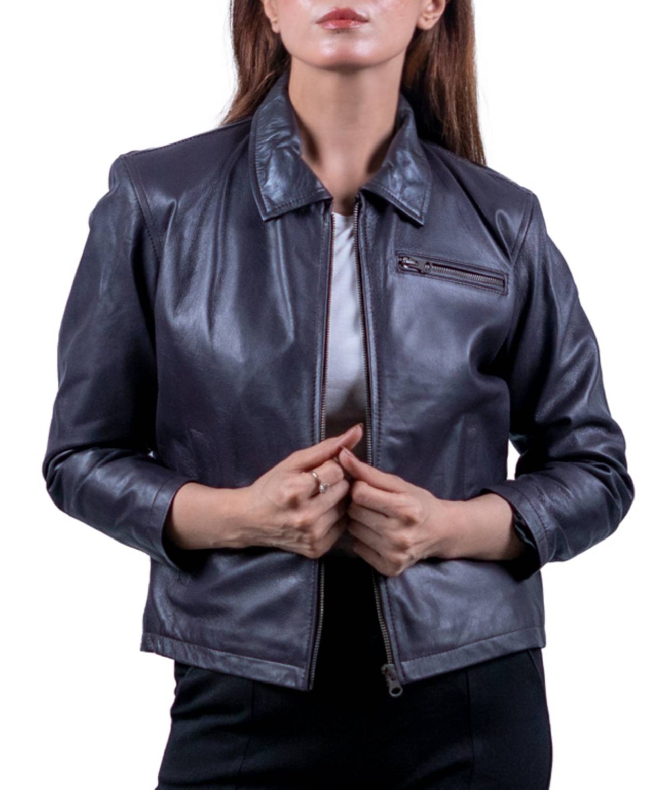 48 – Women’s Dark Mocha Leather Jacket – Tailored Chic