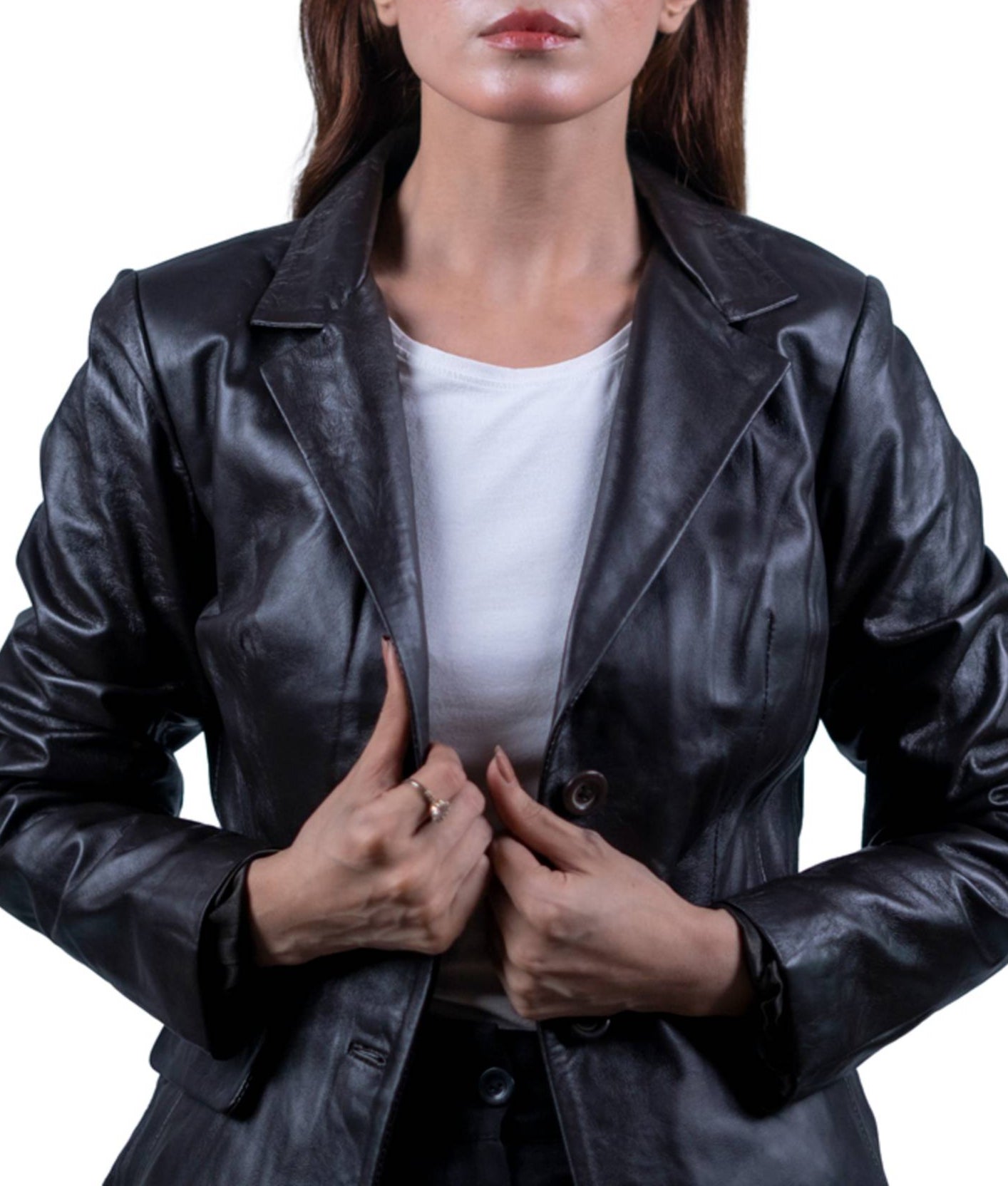 29 – Women’s Espresso Black Leather Blazer – Modern Elegance