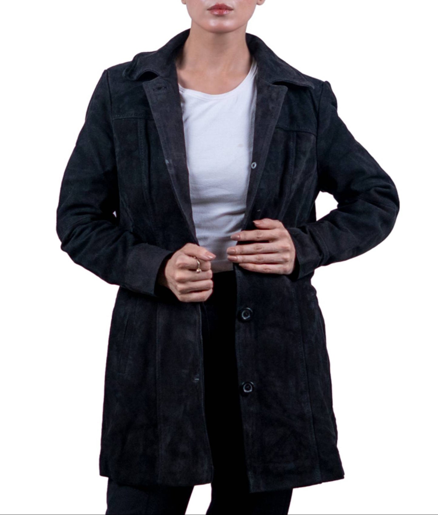 30 – Women’s Black Suede Long Jacket – Timeless Sophistication