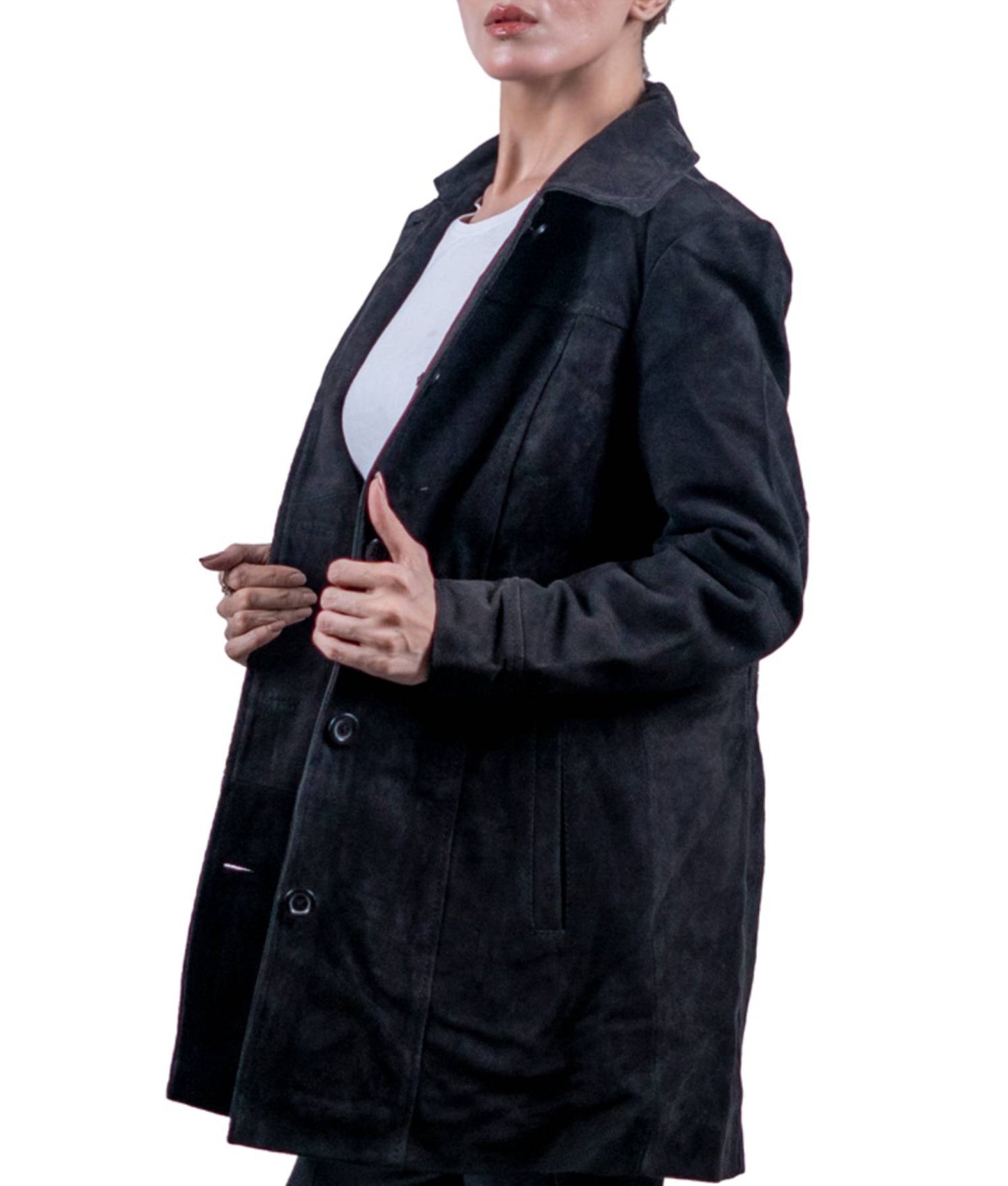 30 – Women’s Black Suede Long Jacket – Timeless Sophistication