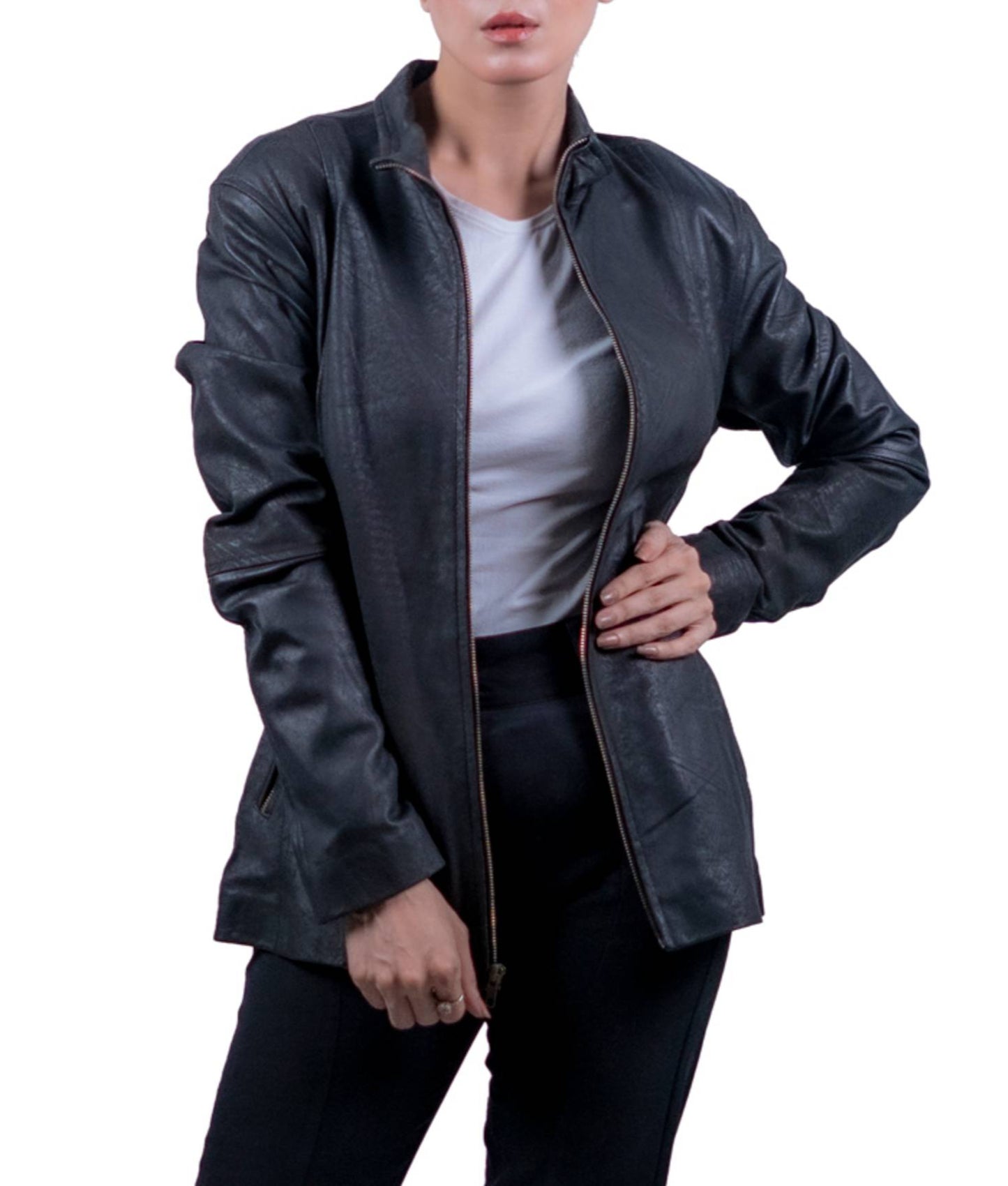 31 – Women’s Black Longline Zip-Up Leather Jacket – Minimalist Edge