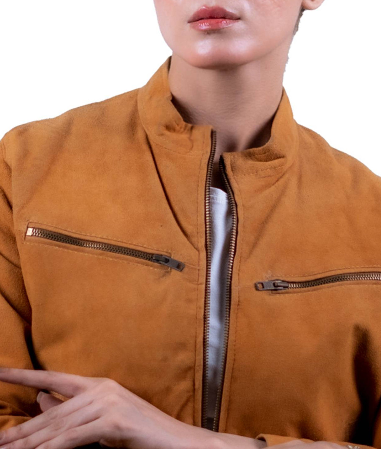 32 – Women’s Tan Suede Bomber Jacket – Casual Comfort