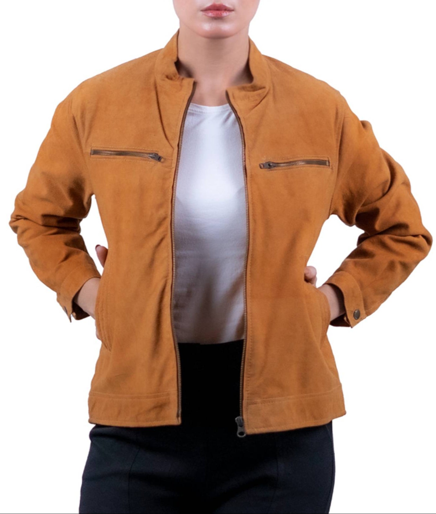 32 – Women’s Tan Suede Bomber Jacket – Casual Comfort