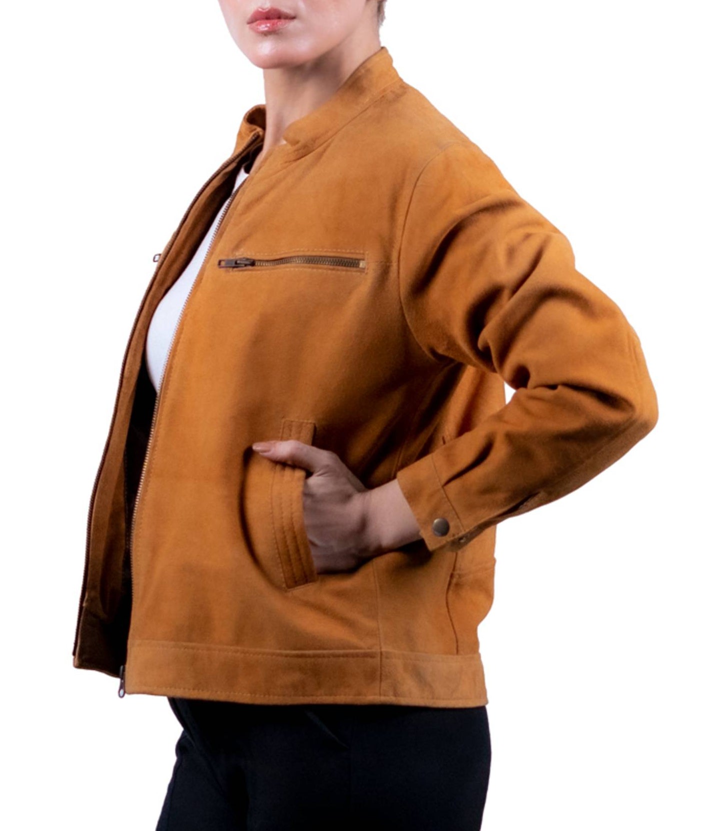 32 – Women’s Tan Suede Bomber Jacket – Casual Comfort