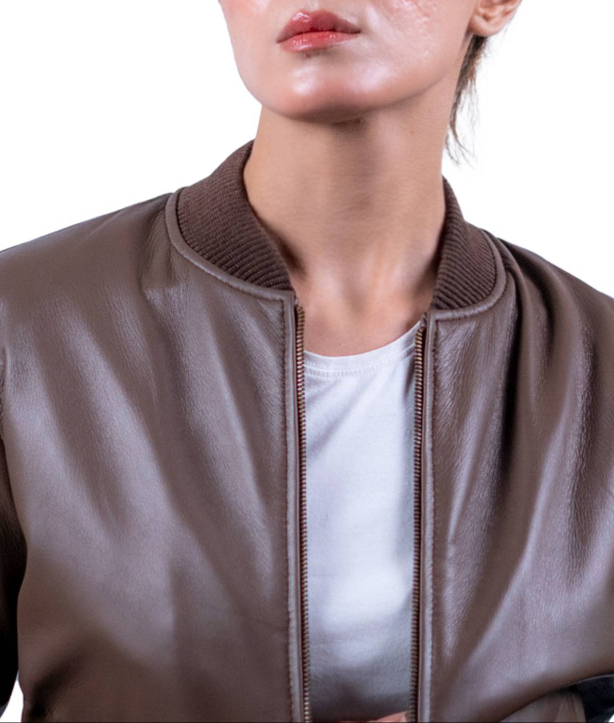 33 – Women’s Brown Leather Bomber Jacket – Classic Casual Comfort