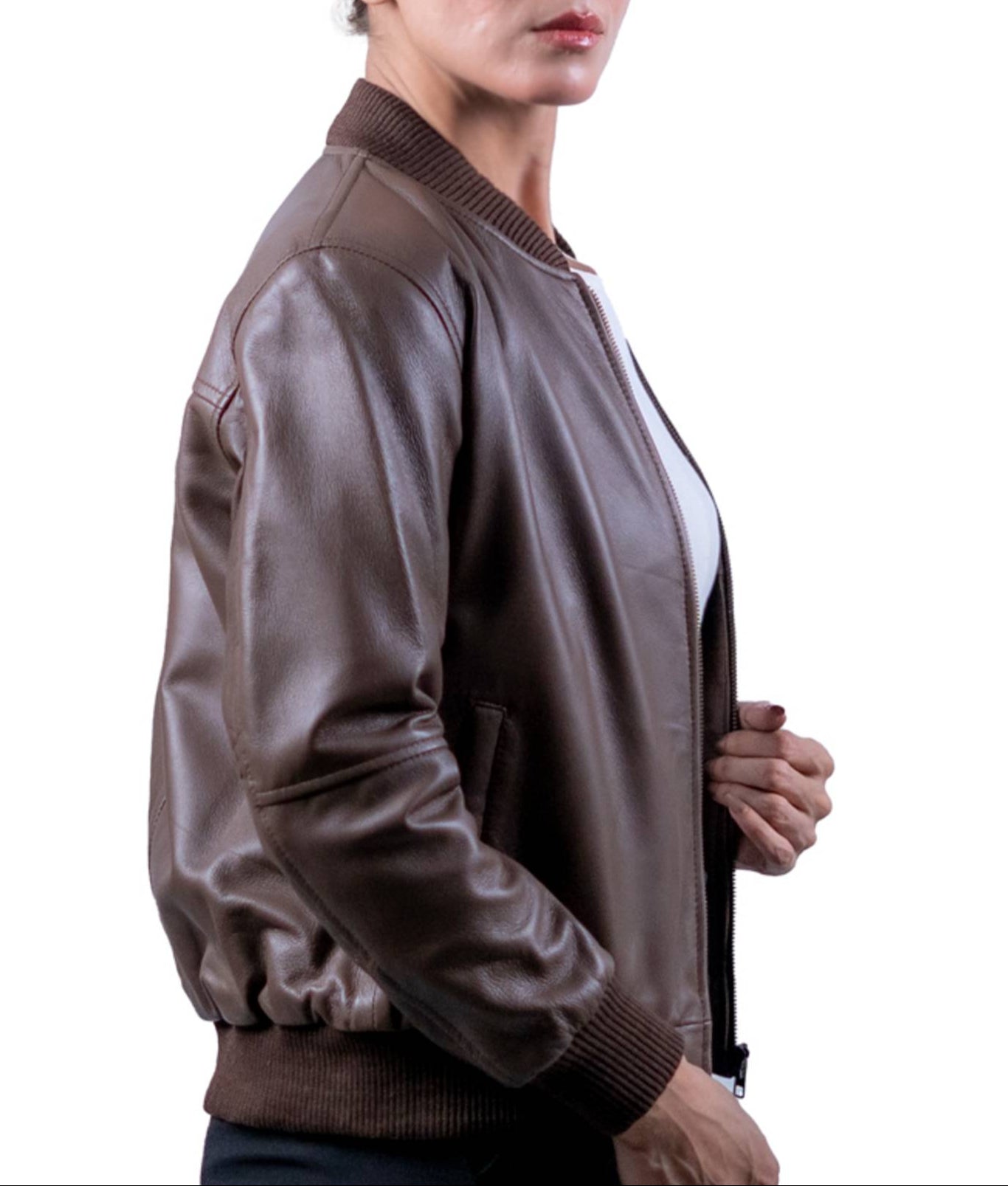33 – Women’s Brown Leather Bomber Jacket – Classic Casual Comfort